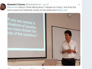 Marilyn Clarke, Goldsmiths University, talking about "Liberate our Library" ALISS AGM 2019